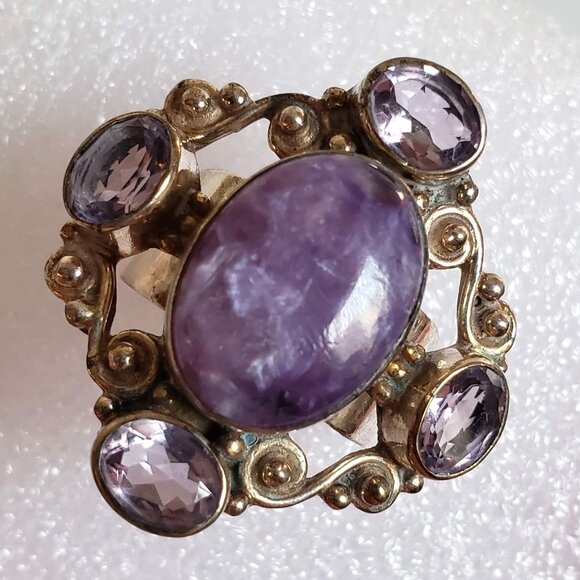 Huge CHAROITE & AMETHYST Ring in Silver Purple Gemstone jewelry - Picture 3 of 16